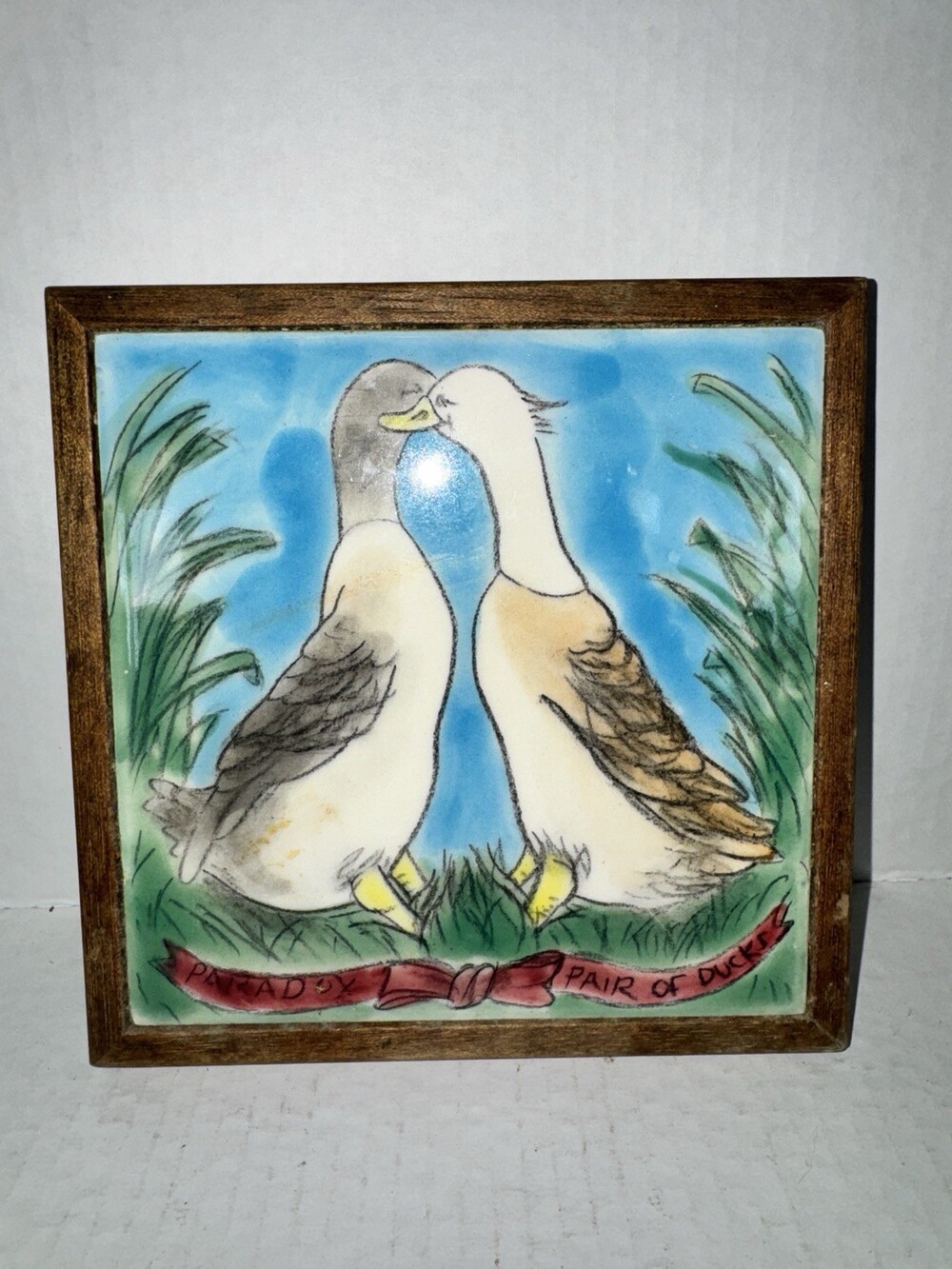 Vintage 1984 Paradox Pair of Ducks Ceramic Tile Wood Framed Country Decor